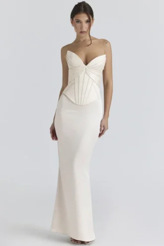 Eve – Maxikleid aus elfenbeinfarbenem Satin mit Korsett – Limited Edition