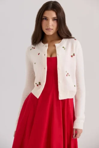 Evelina Cremefarbene Strickjacke mit Stickerei