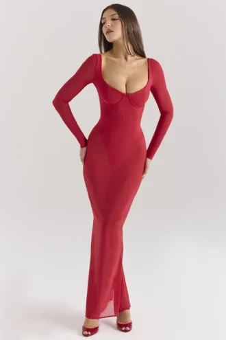 Everly Holly Rotes Maxikleid aus Mesh mit Bodys