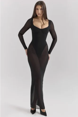 Everly Schwarzes Maxikleid aus Mesh mit Bodys