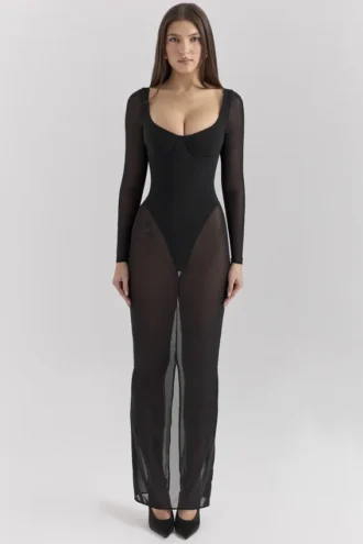 Everly Schwarzes Maxikleid aus Mesh mit Bodys