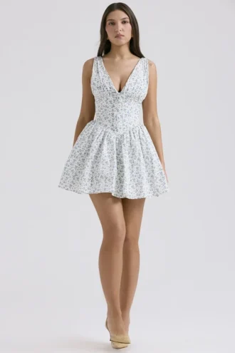 Fabrizia Weißes Korsett-Mini-Kleid mit Bluebell-Print