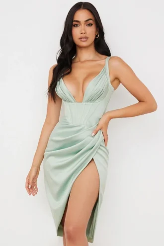 Faye Midi-Korsetts-Kleid aus Pistaziengrünem Satin