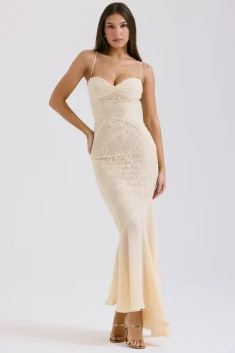 Felicia Vanille-Chiffon- und Spitzen-Abendkleid