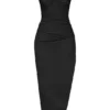 Flora – Midi-Kleid aus schwarzem Satin mit Plissee und Korsett Flora – Midi-Kleid aus schwarzem Satin mit Plissee und Korsett
