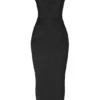 Flora – Midi-Kleid aus schwarzem Satin mit Plissee und Korsett Flora – Midi-Kleid aus schwarzem Satin mit Plissee und Korsett