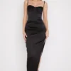 Flora – Midi-Kleid aus schwarzem Satin mit Plissee und Korsett Flora – Midi-Kleid aus schwarzem Satin mit Plissee und Korsett