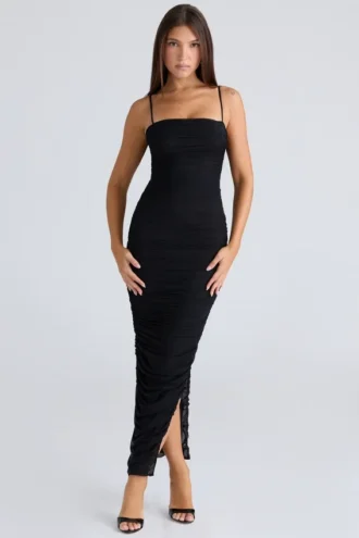 Fornarina Schwarzes Maxikleid aus gerafftem Stretch-Mesh