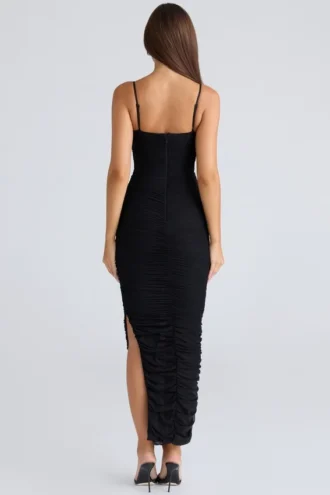 Fornarina Schwarzes Maxikleid aus gerafftem Stretch-Mesh
