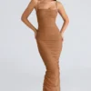 Fornarina Tan Maxikleid aus gerafftem Stretch-Mesh Fornarina Tan Maxikleid aus gerafftem Stretch-Mesh