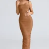 Fornarina Tan Maxikleid aus gerafftem Stretch-Mesh Fornarina Tan Maxikleid aus gerafftem Stretch-Mesh