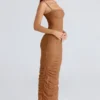 Fornarina Tan Maxikleid aus gerafftem Stretch-Mesh Fornarina Tan Maxikleid aus gerafftem Stretch-Mesh