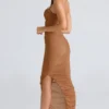 Fornarina Tan Maxikleid aus gerafftem Stretch-Mesh Fornarina Tan Maxikleid aus gerafftem Stretch-Mesh