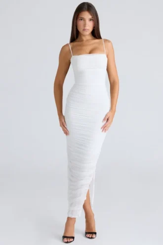 Fornarina Weißes Maxikleid aus gerafftem Stretch-Mesh