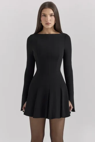 Francesca – Schwarzes Godet-Minikleid aus Stretch-Crêpe