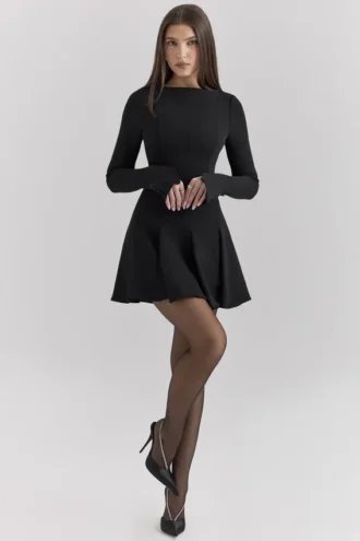 Francesca – Schwarzes Godet-Minikleid aus Stretch-Crêpe