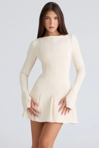 Francesca Vintage Cremefarbenes Stretch-Crêpe-Godet-Minikleid