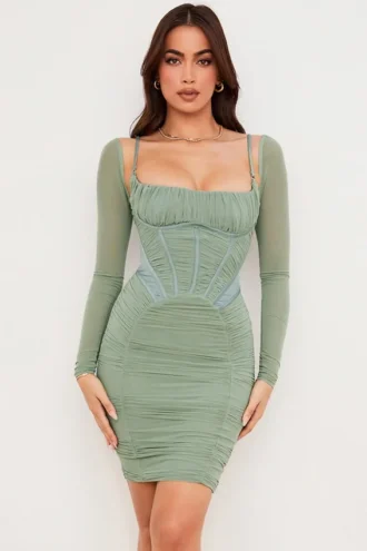 Freyja Grünes gerafftes Korsetts-Kleid