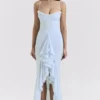 Gabbi Eisblaues Mesh-Abendkleid mit Rüschen vorne