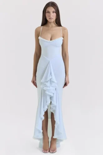 Gabbi Eisblaues Mesh-Abendkleid mit Rüschen vorne
