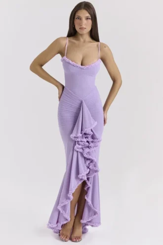 Gabbi Orchid Mesh-Abendkleid mit Rüschen vorne