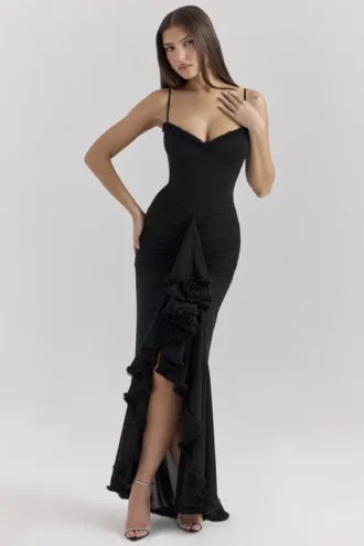 Gabbi – Schwarzes Abendkleid mit Rüschenfront aus Mesh