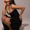 Gabbi – Schwarzes Abendkleid mit Rüschenfront aus Mesh