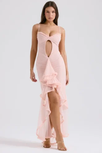 Gabriella – Weiches, pfirsichfarbenes Abendkleid mit Rüschen vorne