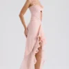 Gabriella – Weiches, pfirsichfarbenes Abendkleid mit Rüschen vorne Gabriella – Weiches, pfirsichfarbenes Abendkleid mit Rüschen vorne