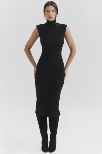 Gaia Schwarzes Midi-Kleid mit Rollkragen aus Kaschmirmischung