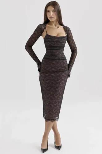 Gaia Schwarzes Spitzen-Korsetts-Midi-Kleid