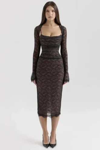 Gaia Schwarzes Spitzen-Korsetts-Midi-Kleid
