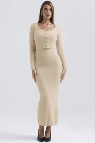 Gene Beige Weicher, flauschiger Strickjacken