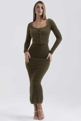 Gene Khaki Weicher, flauschige Strickjacke