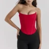 Genevieve – Korsett aus scharlachrotem Satin mit Spitzenrücken Genevieve – Korsett aus scharlachrotem Satin mit Spitzenrücken