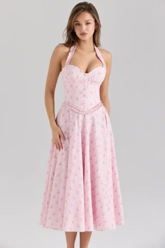 Georgie – Midi-Kleid aus Stretch-Baumwolle mit rosa Rosenprint und Neckholder-Ausschnitt