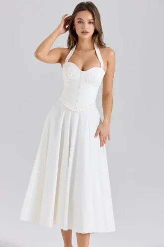 Georgie – Weißes Midi-Kleid aus Stretch-Baumwolle mit Neckholder-Ausschnitt
