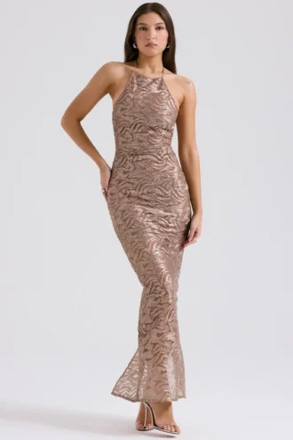 Giada – Roségoldes, besticktes Pailletten-Abendkleid