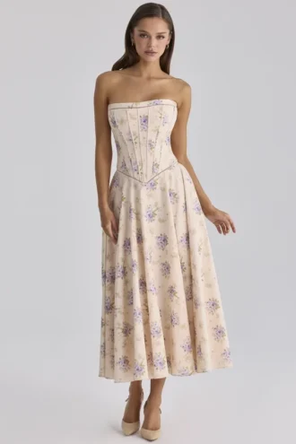 Gina Elfenbeinfarbenes, trägerloses Maxikleid mit süßem Pfingstrosen-Blumenprint