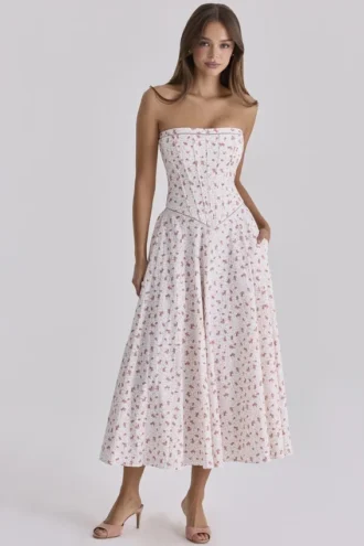 Gina Weißes Maxikleid aus Baumwolle mit Rosenprint