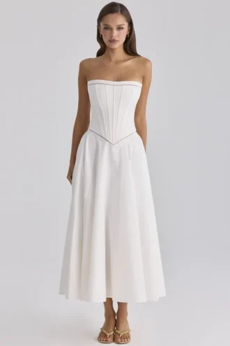 Gina – Weißes, trägerloses Maxikleid aus Baumwolle