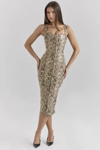 Gracie Midi-Kleid aus veganem Leder mit Schlangenhaut-Print