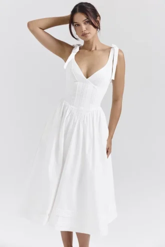 Hattie – Weißes Midi-Sommerkleid aus Baumwolle mit Biesen