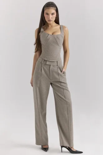 Hayden Braune Puppytooth-Hose mit weitem Bein und hoher Taille