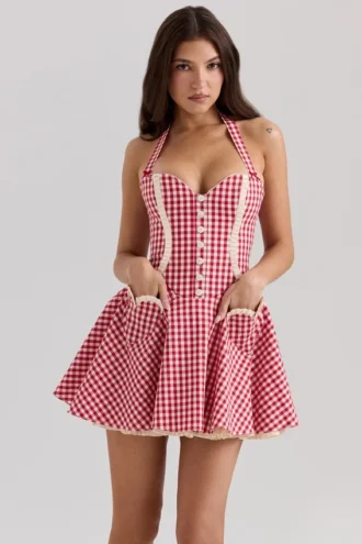 Heidi – Rotes Mini-Kleid aus Baumwolle mit Gingham-Muster und Neckholder-Ausschnitt
