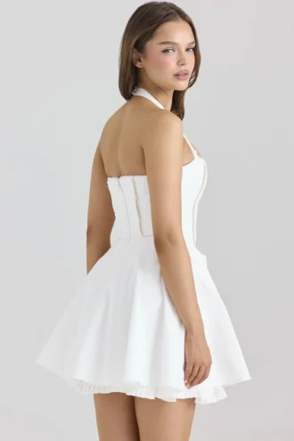 Heidi Weißes Stretch-Baumwoll-Minikleid mit Neckholder
