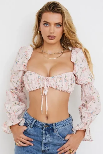 Henrietta – Rosa Bralette-Oberteil mit Blumenmuster und Raffungen
