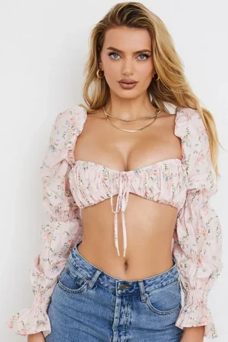 Henrietta – Rosa Bralette-Oberteil mit Blumenmuster und Raffungen