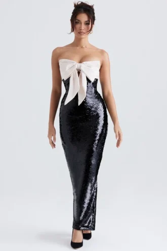 Holly – Schwarzes, trägerloses Pailletten-Kleid mit Schleife