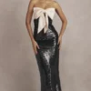 Holly – Schwarzes, trägerloses Pailletten-Kleid mit Schleife Holly – Schwarzes, trägerloses Pailletten-Kleid mit Schleife